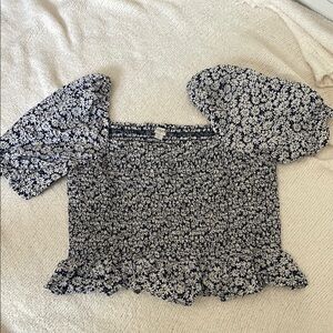 J. Crew Navy and White Floral Smocked Puff Sleeve Top